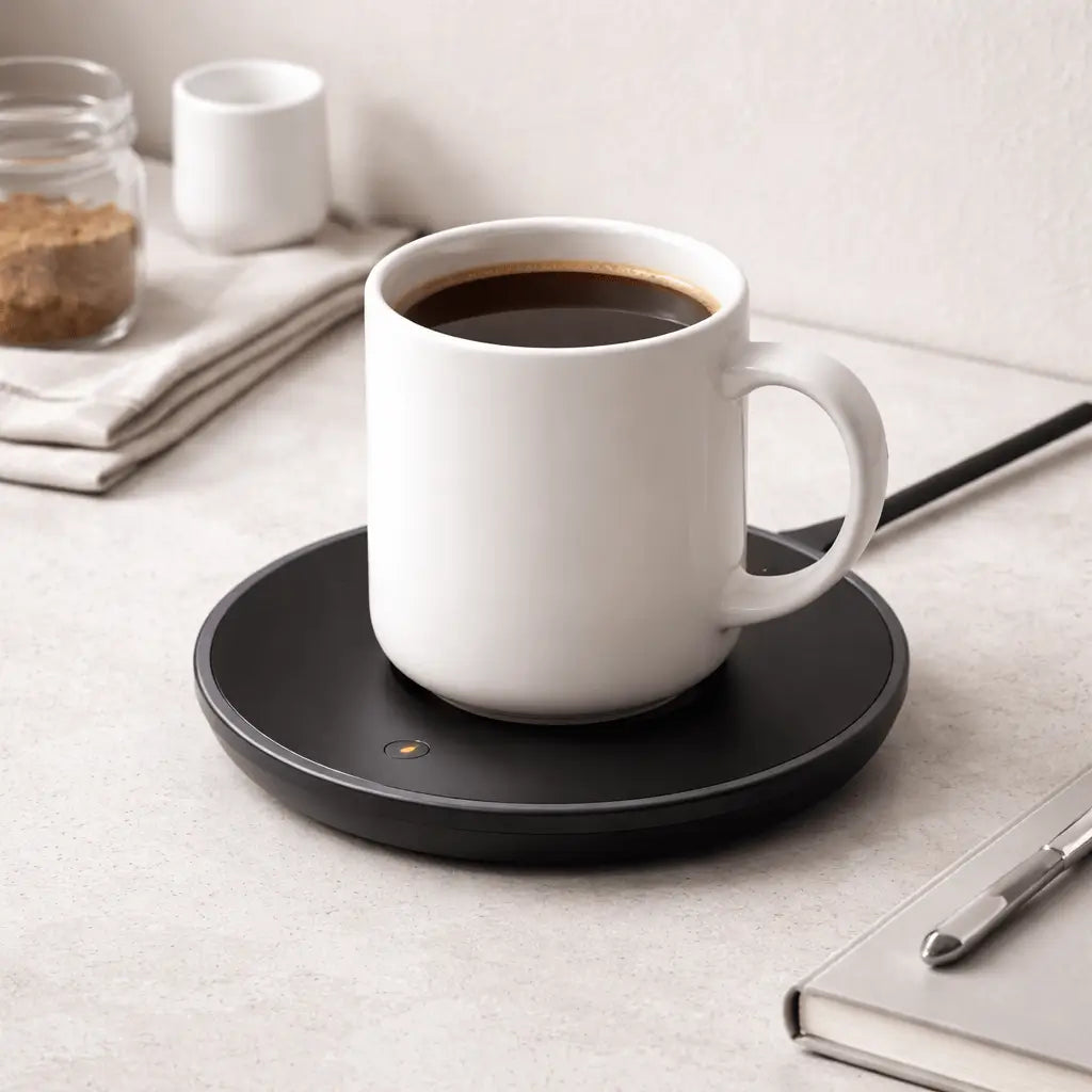 White mug with coffee on a black mug warmer.