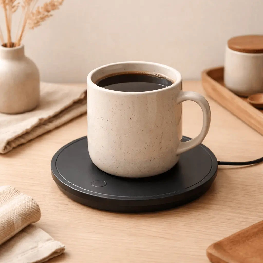 White mug with coffee on a black mug warmer on a wooden table with decorative items.
