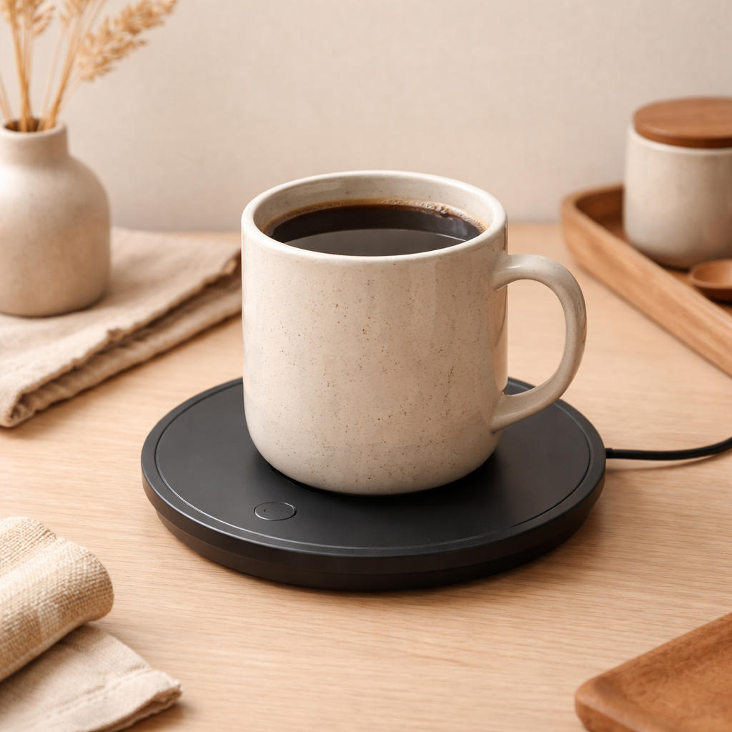 White mug with coffee on a black mug warmer on a wooden table with decorative items.